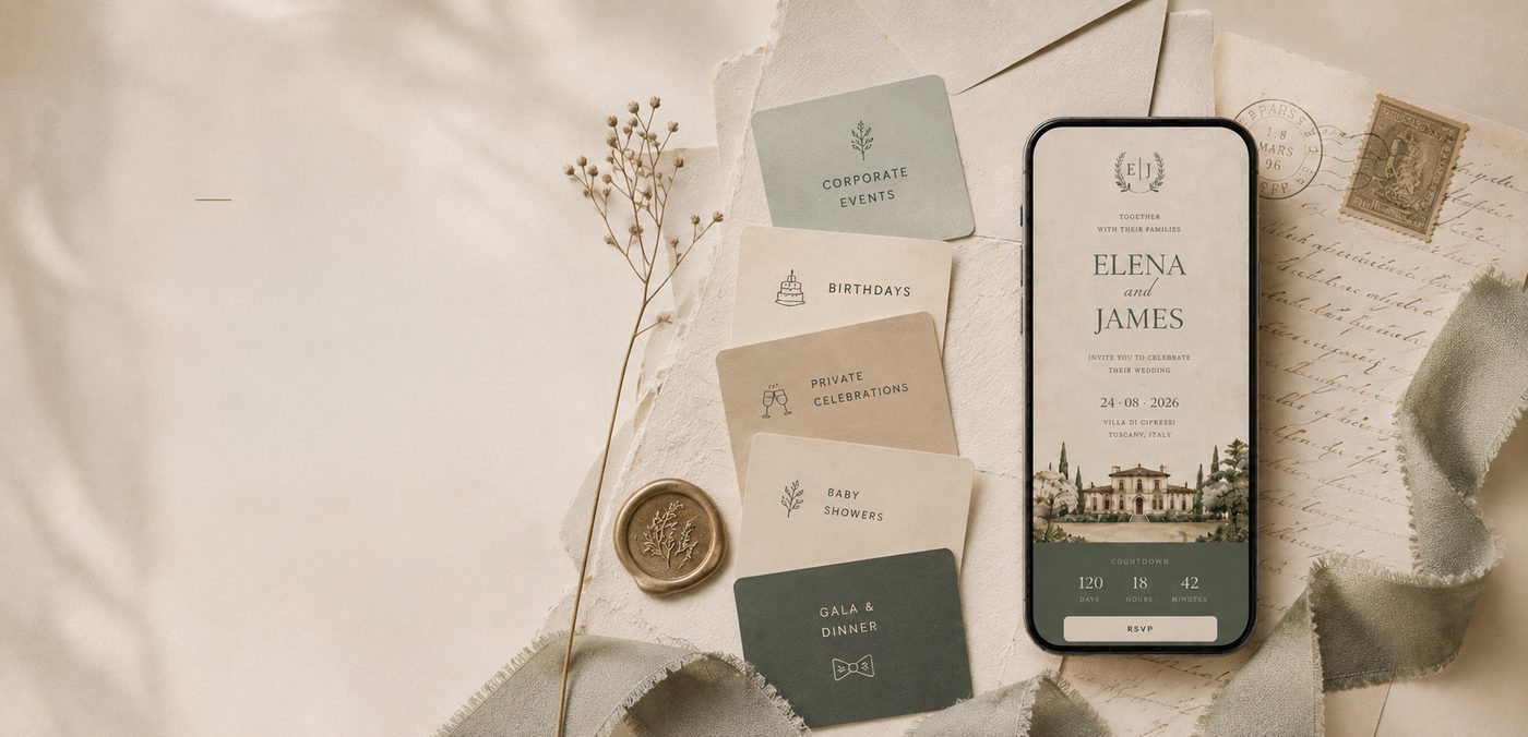 A BRIYD invitation on a phone, with printed cards, a wax seal and ribbon