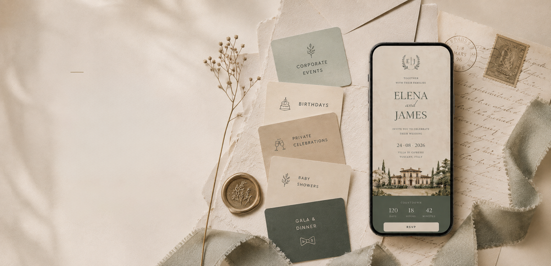 A BRIYD invitation on a phone, with printed cards, a wax seal and ribbon